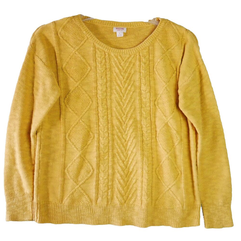 Mossimo Womens Size L Pullover Sweater Yellow Mustard Scoop Cable Knit
